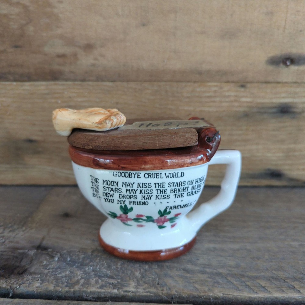Vintage Goodbye Cruel World Ceramic Toilet with Wooden Lid Made in Japan
